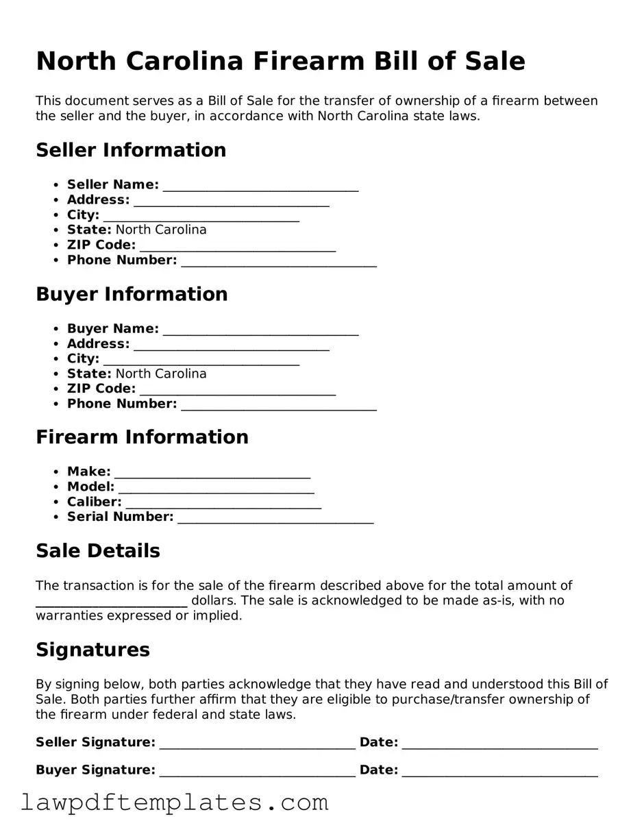 Free Firearm Bill of Sale Template for the State of North Carolina