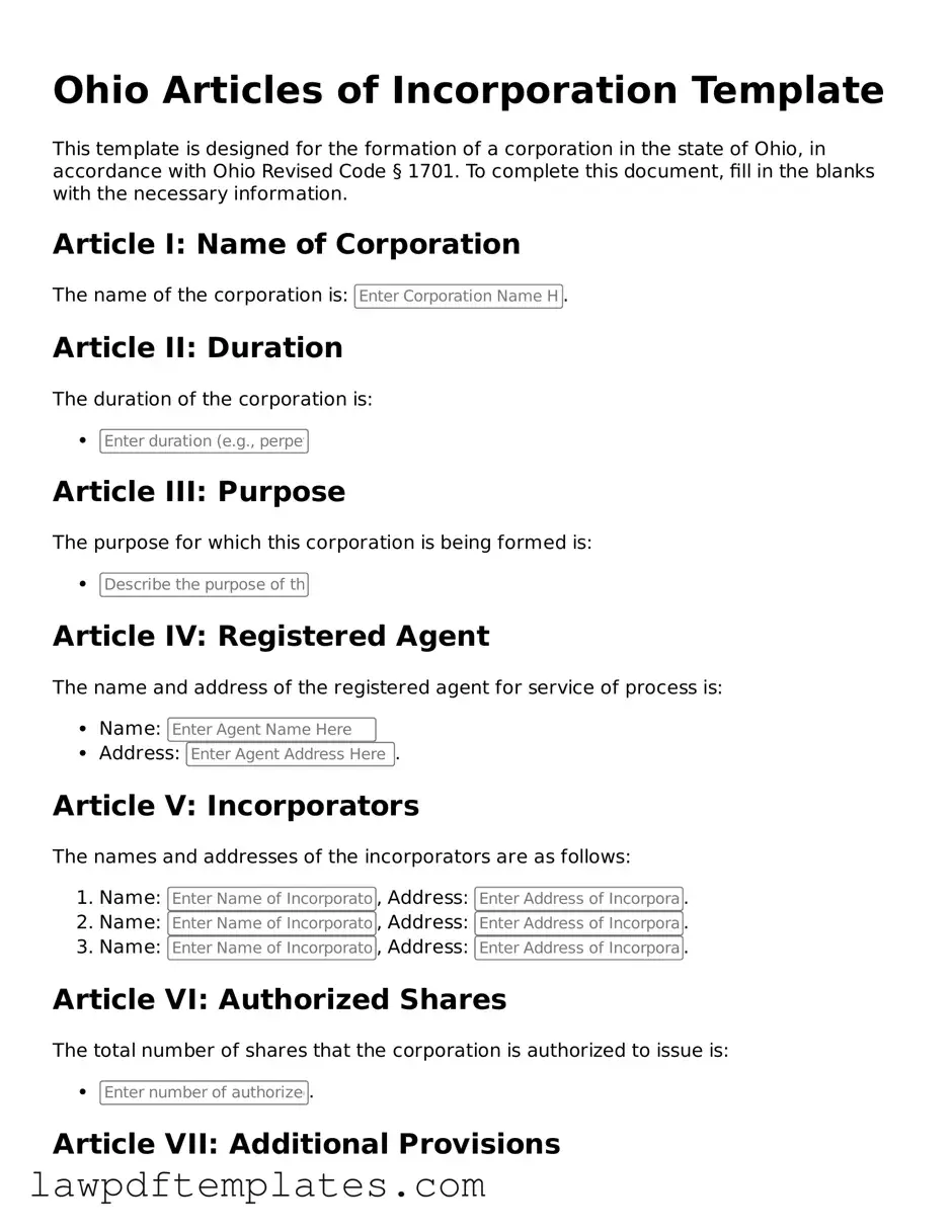 Free Articles of Incorporation Template for the State of Ohio