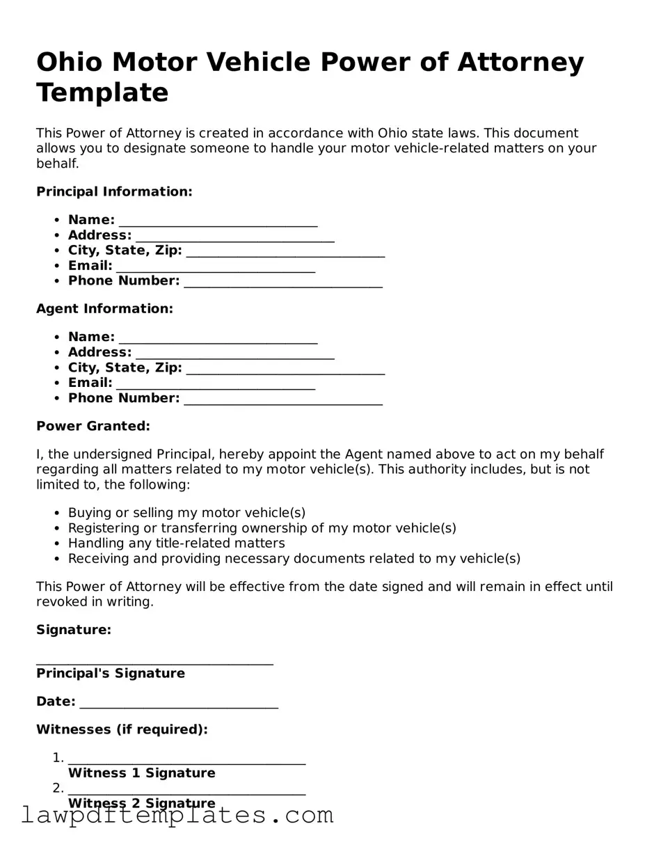 Free Motor Vehicle Power of Attorney Template for the State of Ohio