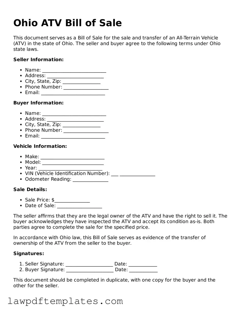 Free ATV Bill of Sale Template for the State of Ohio