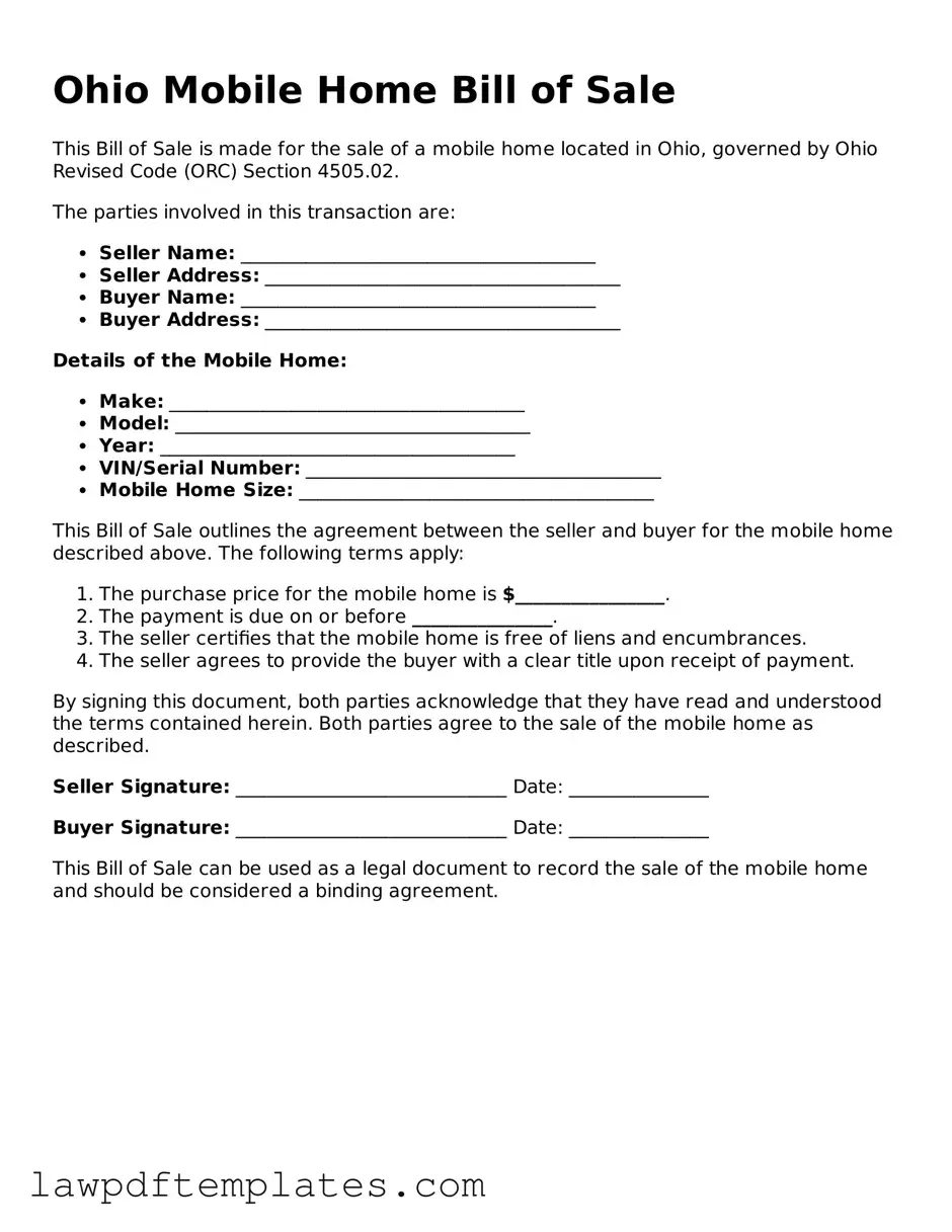Free Mobile Home Bill of Sale Template for the State of Ohio