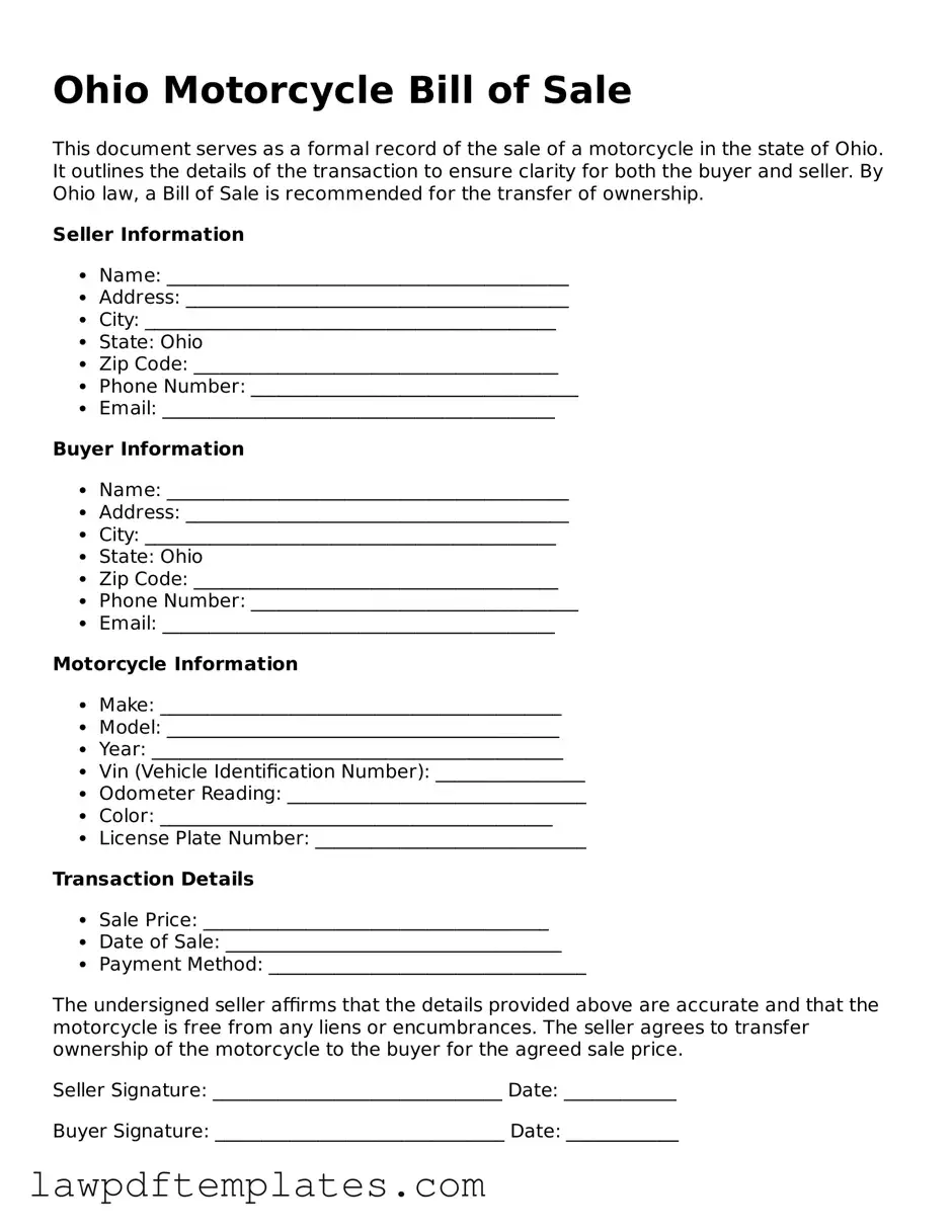 Free Motorcycle Bill of Sale Template for the State of Ohio