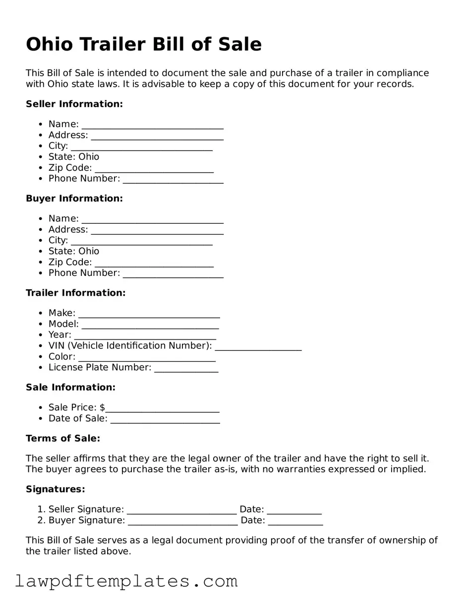 Free Trailer Bill of Sale Template for the State of Ohio