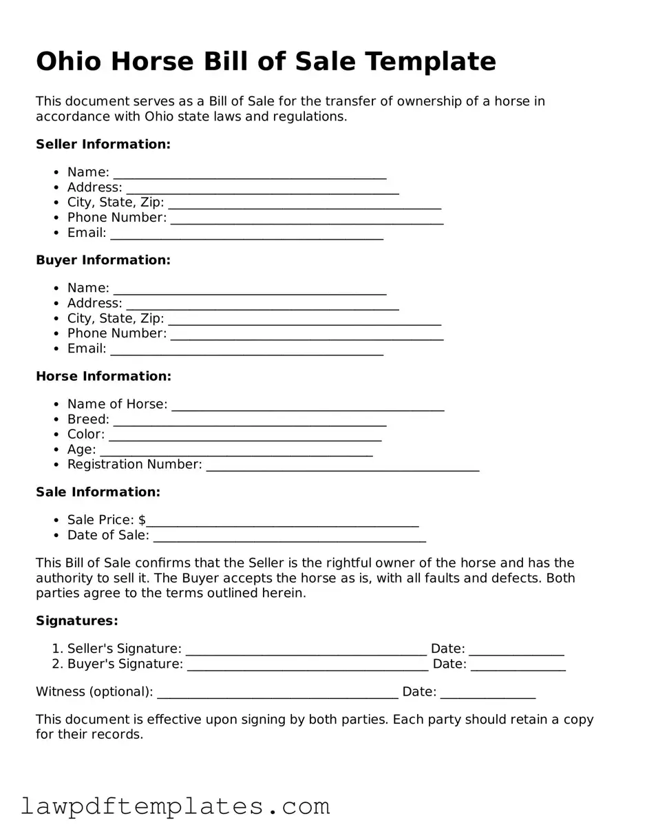 Free Horse Bill of Sale Template for the State of Ohio