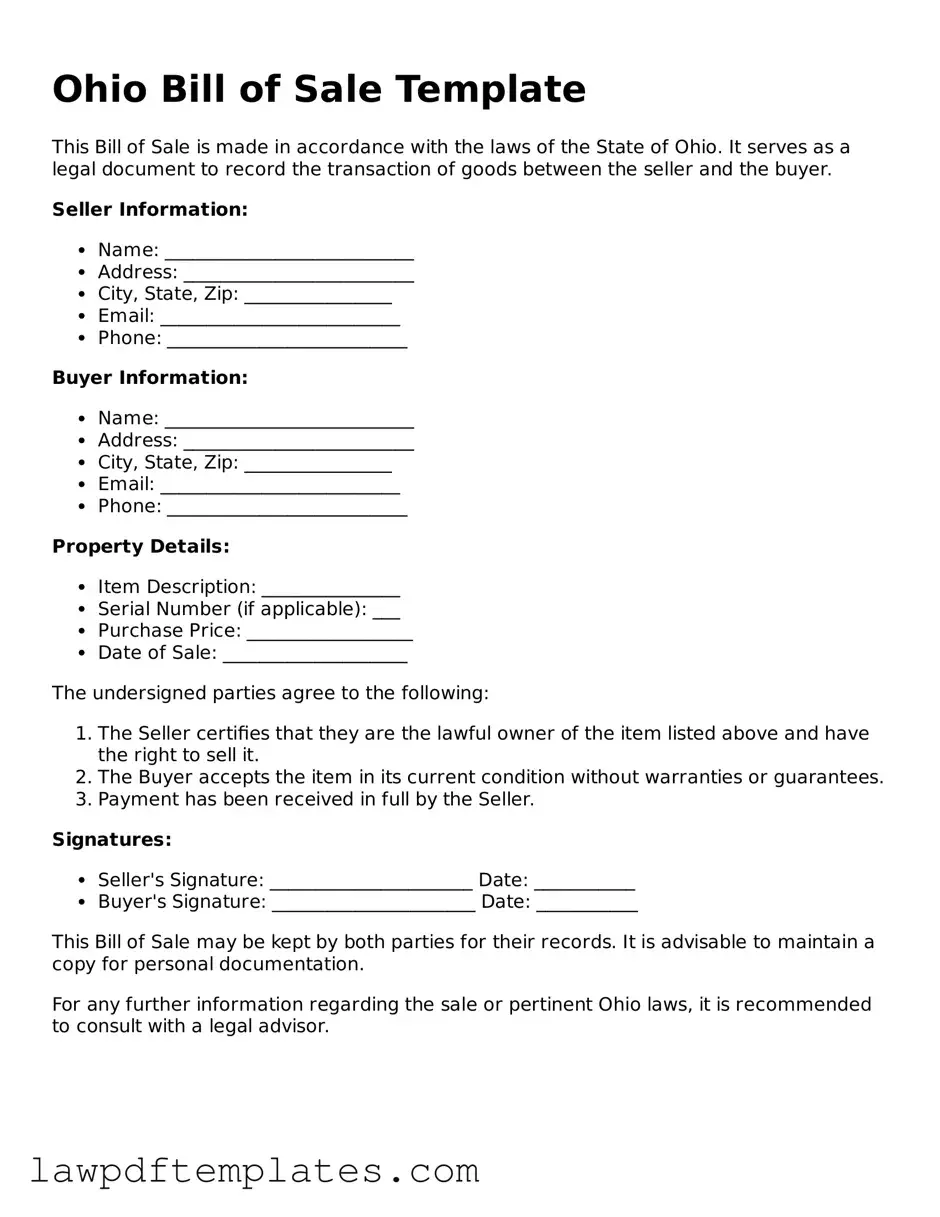 Free Bill of Sale Template for the State of Ohio