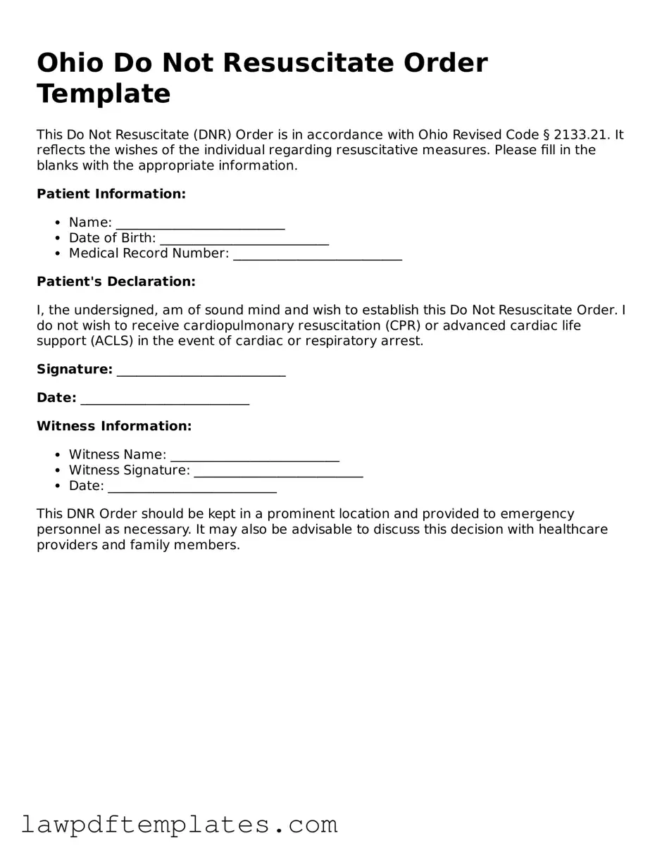 Free Do Not Resuscitate Order Template for the State of Ohio