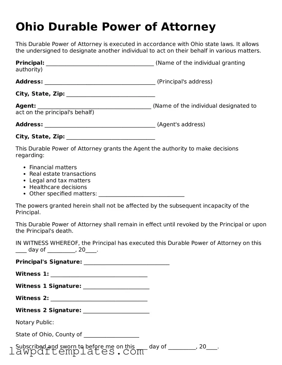 Free Durable Power of Attorney Template for the State of Ohio