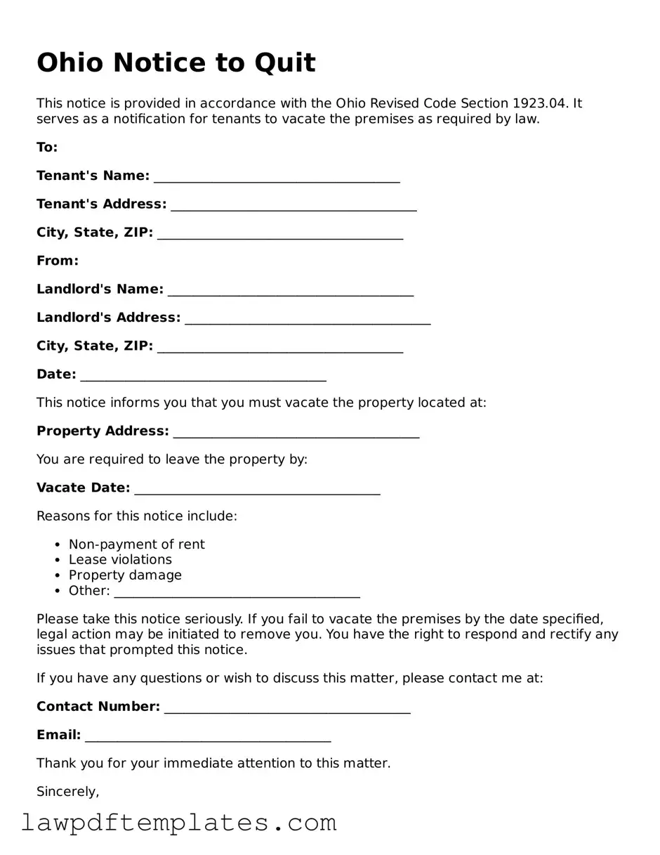 Free Notice to Quit Template for the State of Ohio