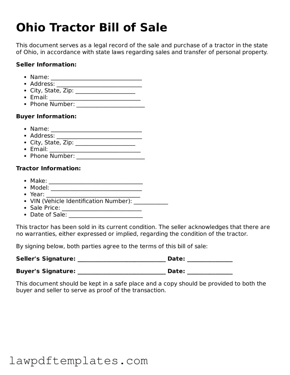 Free Tractor Bill of Sale Template for the State of Ohio