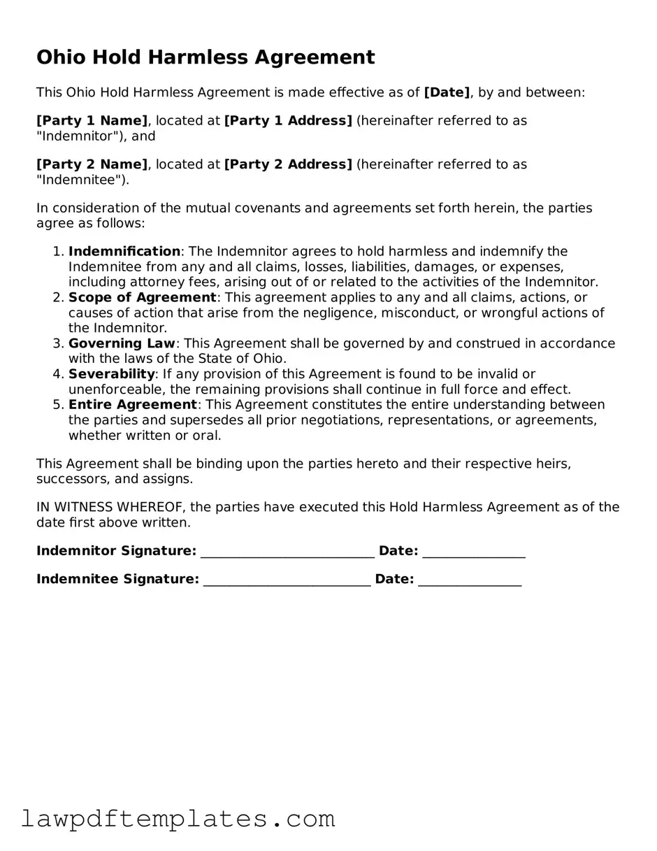 Free Hold Harmless Agreement Template for the State of Ohio