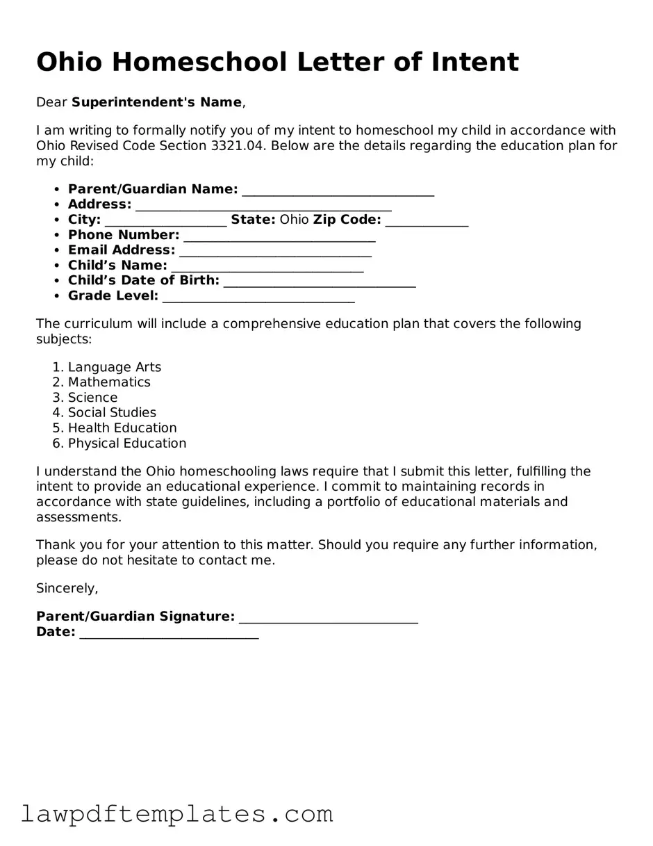 Free Homeschool Letter of Intent Template for the State of Ohio