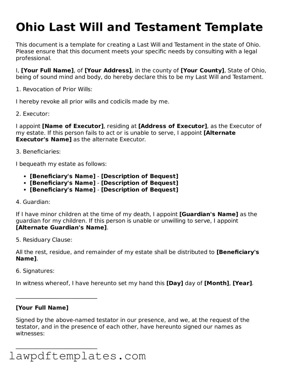 Free Last Will and Testament Template for the State of Ohio