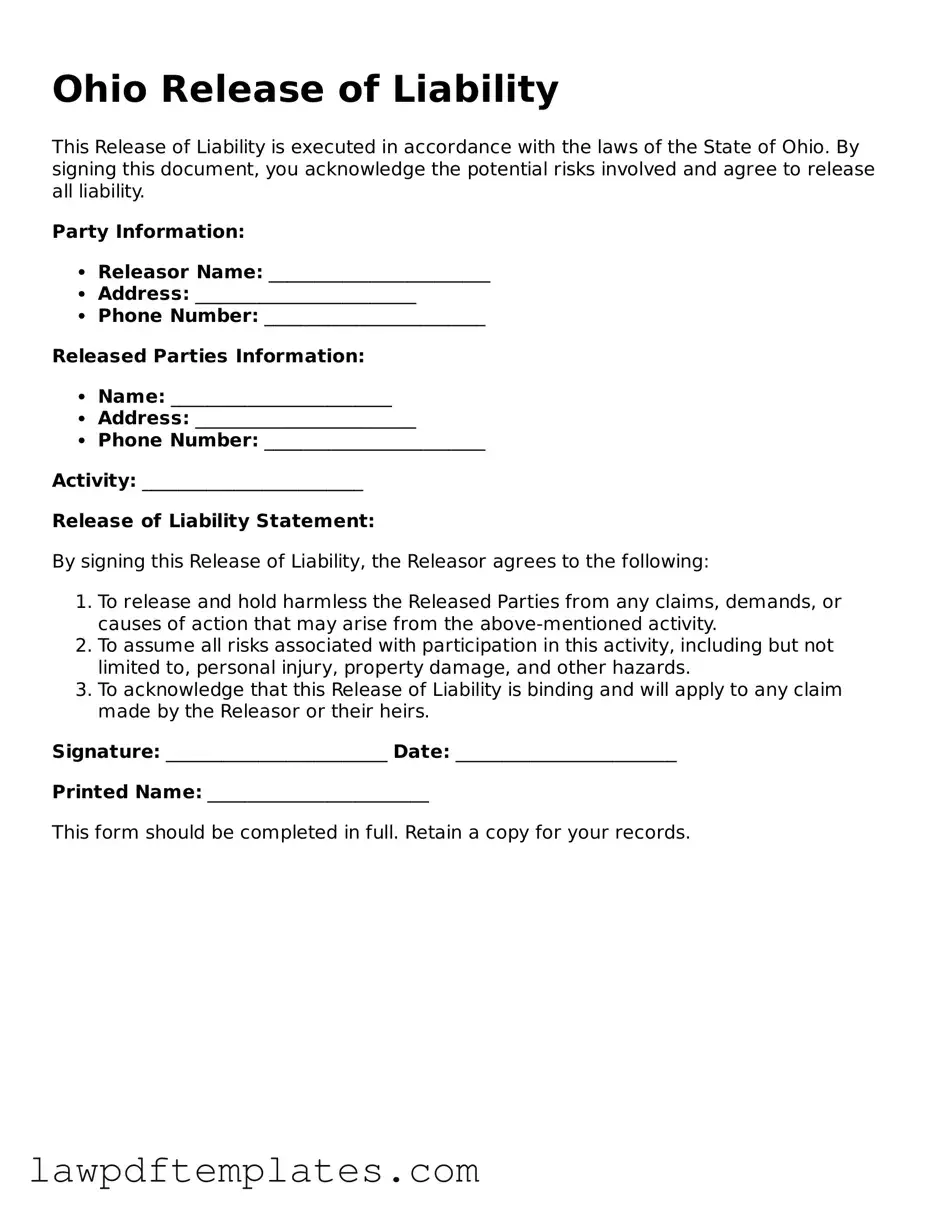 Free Release of Liability Template for the State of Ohio