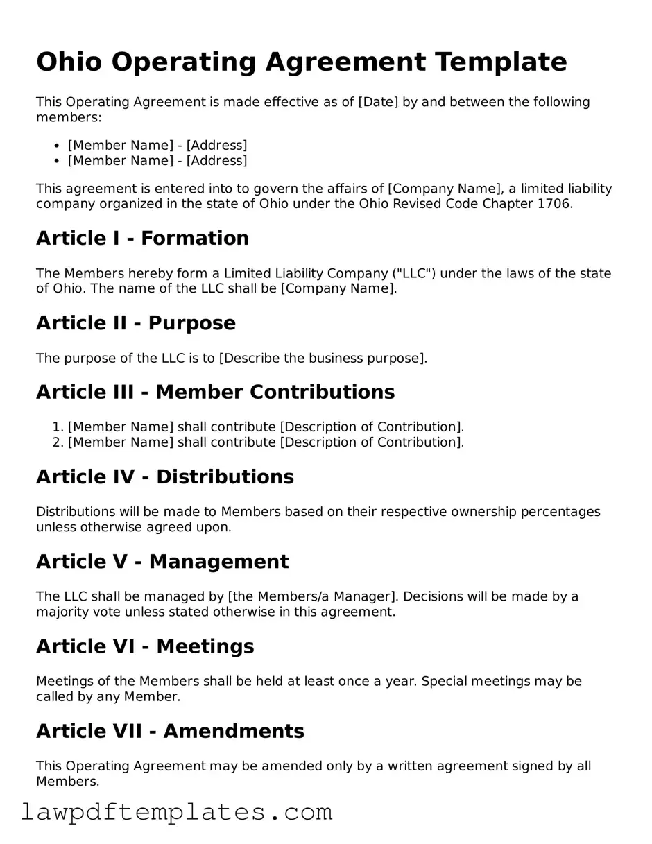 Free Operating Agreement Template for the State of Ohio