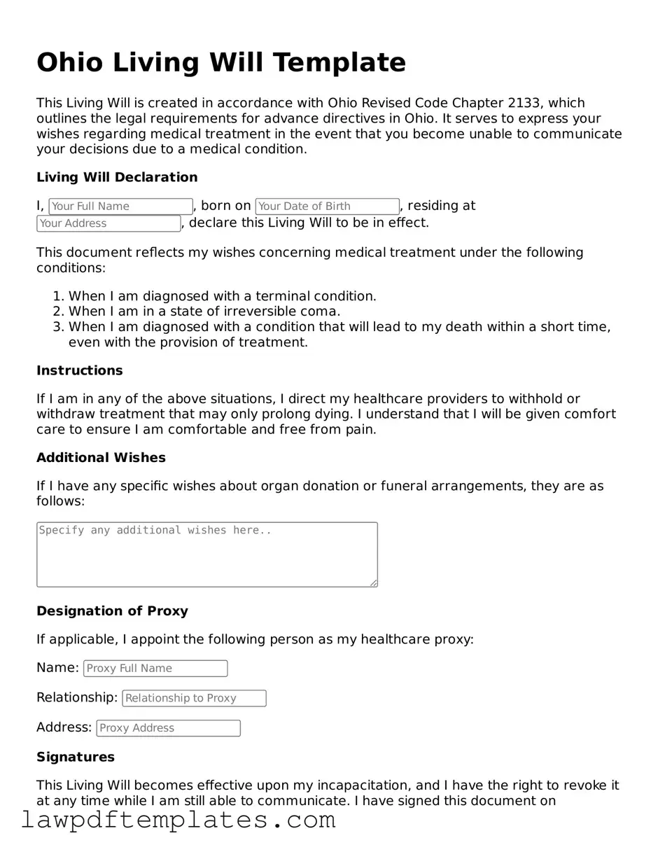 Free Living Will Template for the State of Ohio