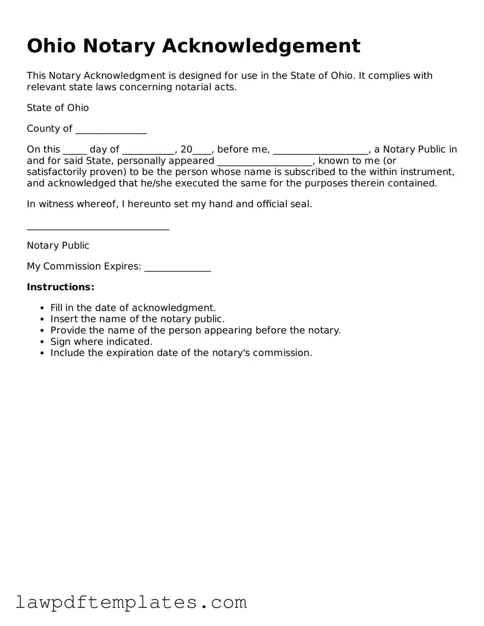 Free Notary Acknowledgement Template for the State of Ohio