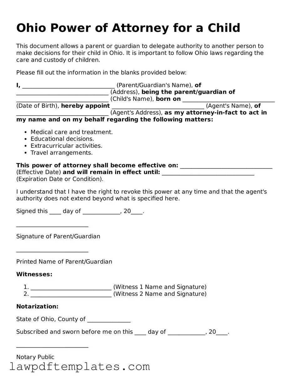 Free Power of Attorney for a Child Template for the State of Ohio