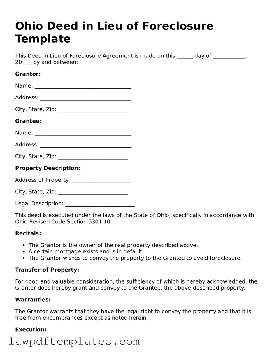 Free Deed in Lieu of Foreclosure Template for the State of Ohio