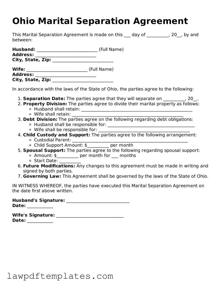 Free Marital Separation Agreement Template for the State of Ohio