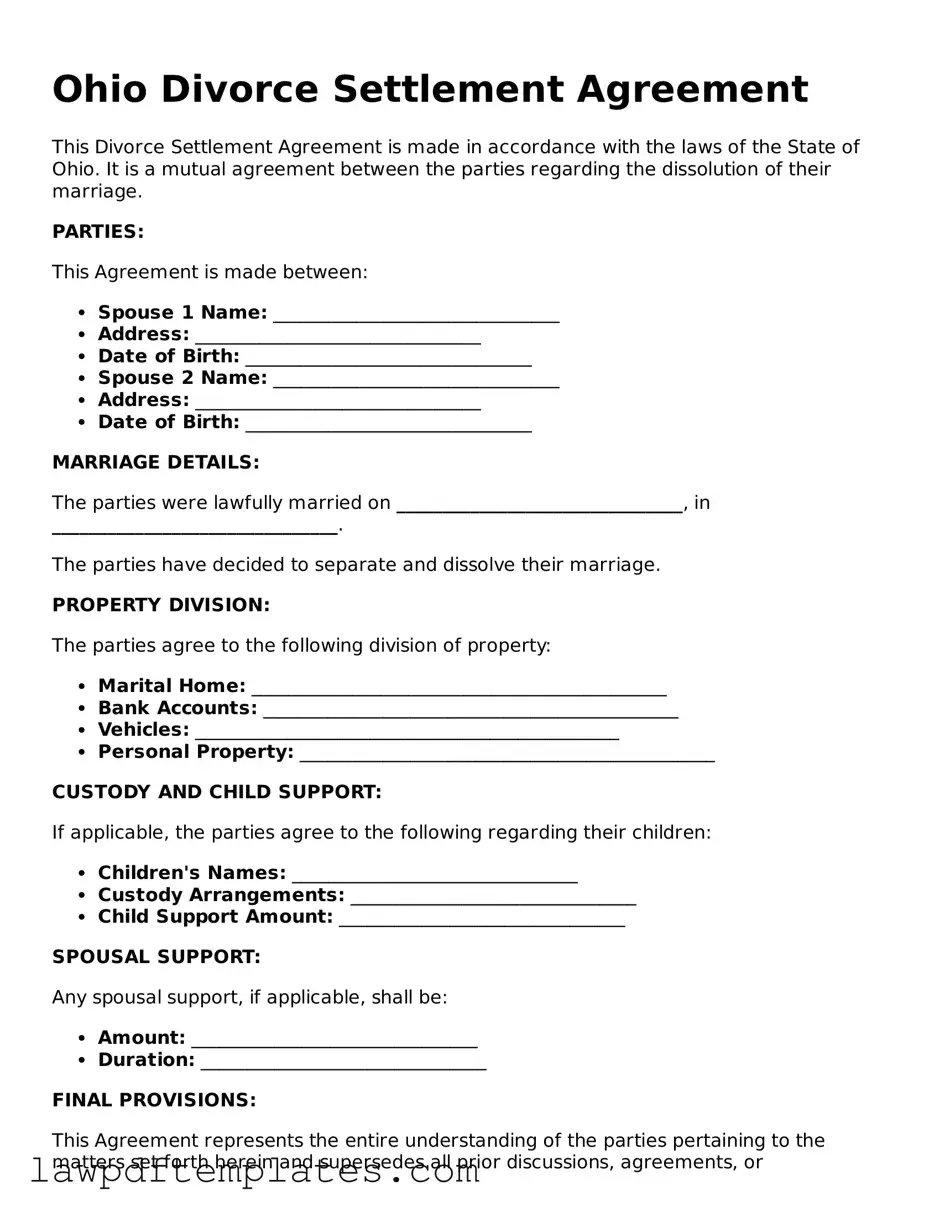 Free Divorce Settlement Agreement Template for the State of Ohio