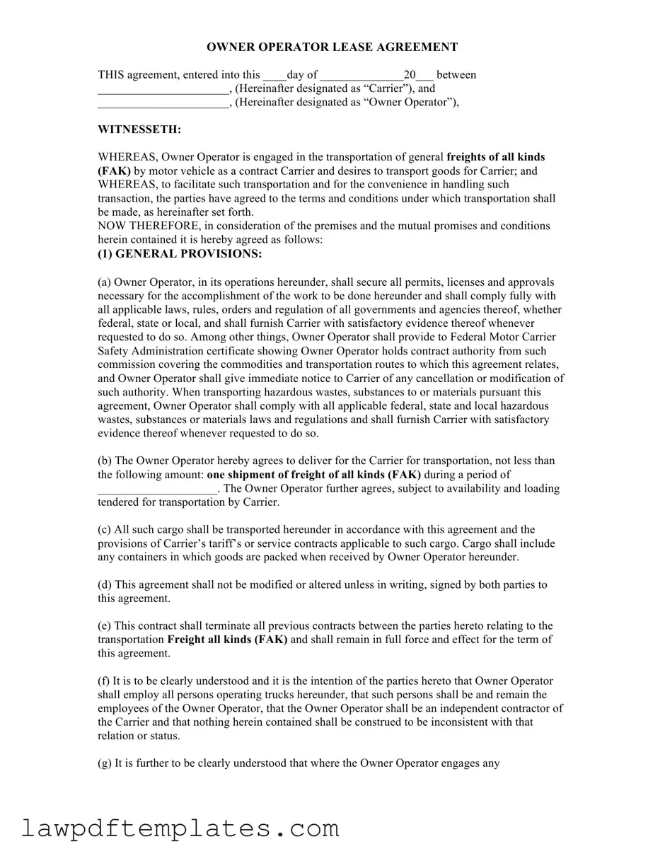 Fillable Owner Operator Lease Agreement Template