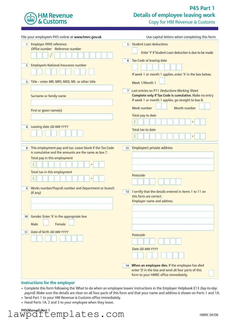 Fillable P 45 It Template