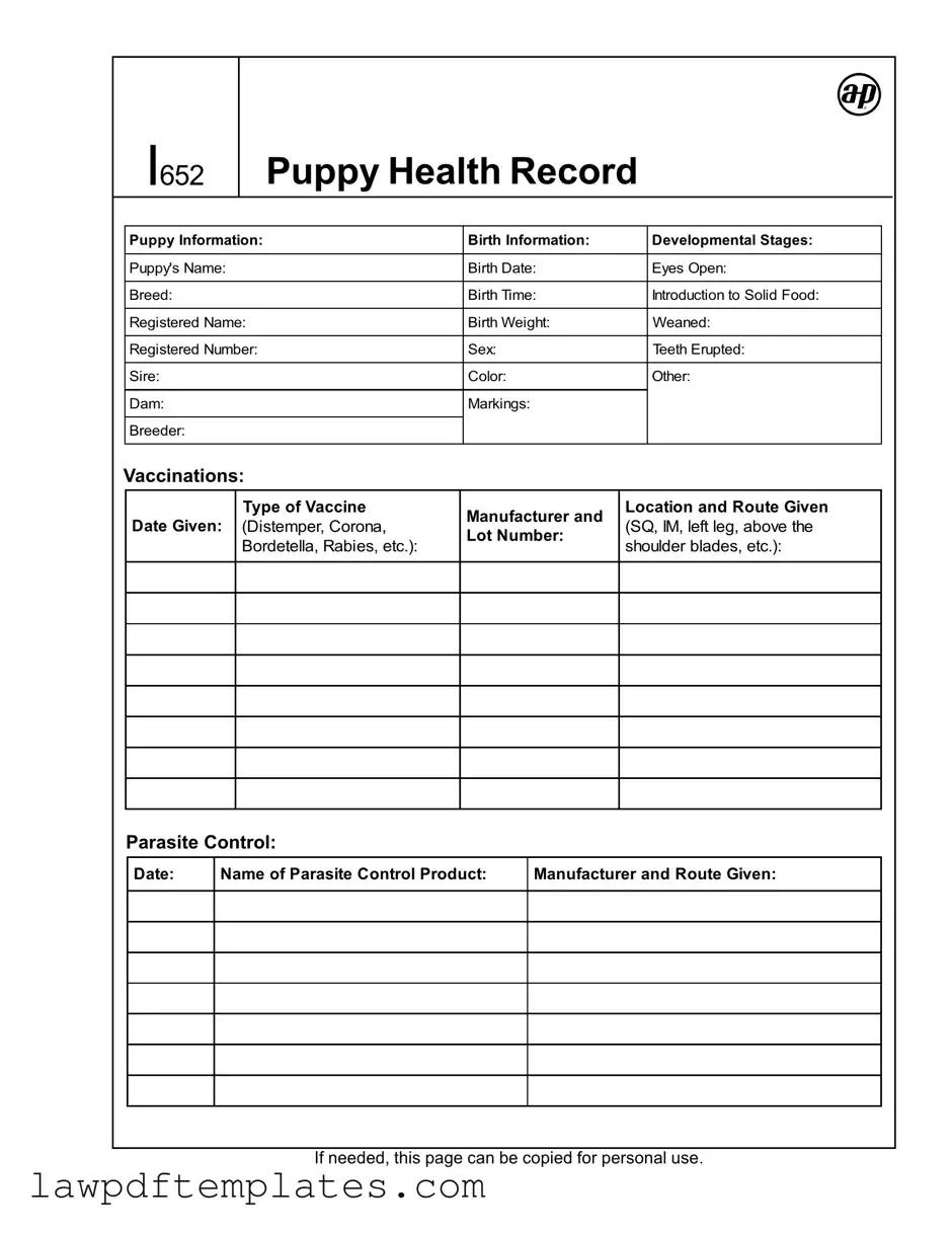 Fillable Puppy Health Record Template