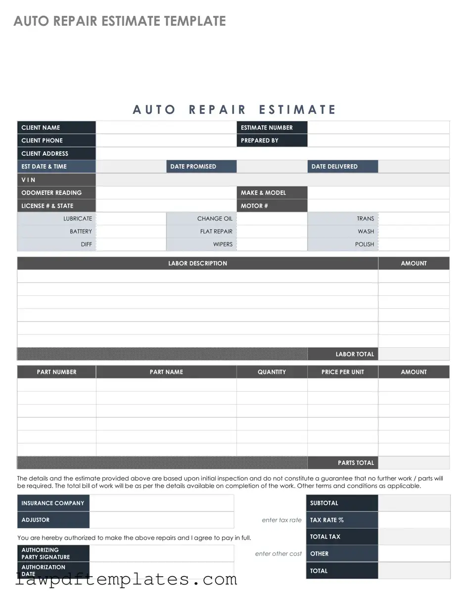 Fillable Auto Repair Estimate Template