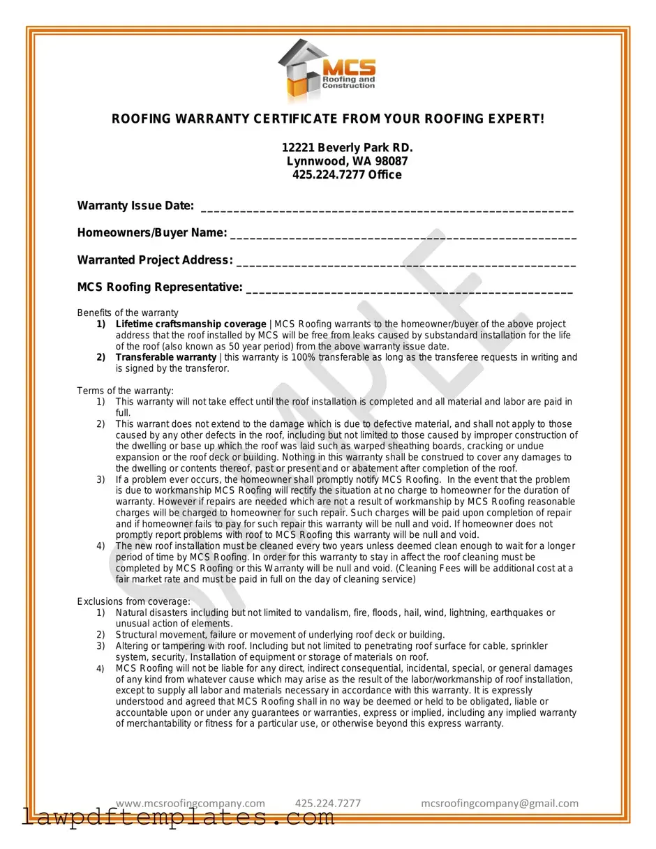 Fillable Roofing Warranty Certificate Template