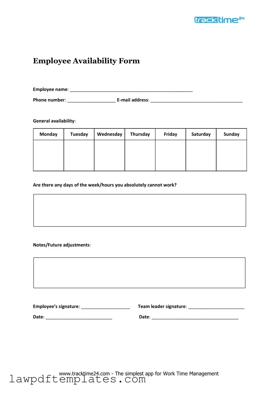 Fillable Employee Availability Template