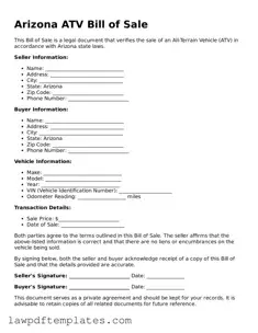 Free ATV Bill of Sale Template for the State of Arizona