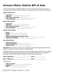 Free Motor Vehicle Bill of Sale Template for the State of Arizona