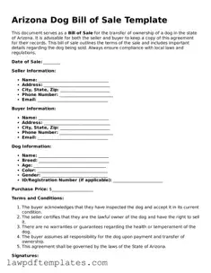 Free Dog Bill of Sale Template for the State of Arizona