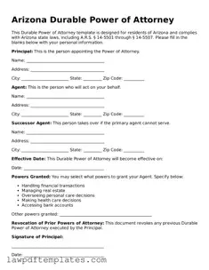 Free Durable Power of Attorney Template for the State of Arizona