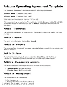 Free Operating Agreement Template for the State of Arizona
