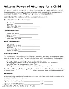 Free Power of Attorney for a Child Template for the State of Arizona