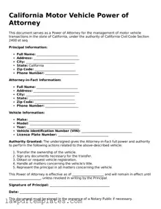 Free Motor Vehicle Power of Attorney Template for the State of California