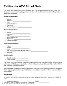 Free ATV Bill of Sale Template for the State of California