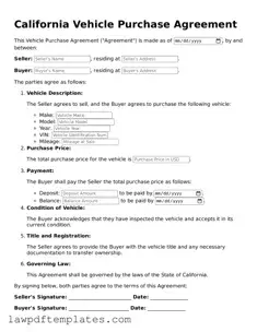 Free Vehicle Purchase Agreement Template for the State of California