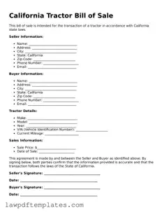 Free Tractor Bill of Sale Template for the State of California