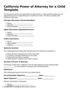 Free Power of Attorney for a Child Template for the State of California