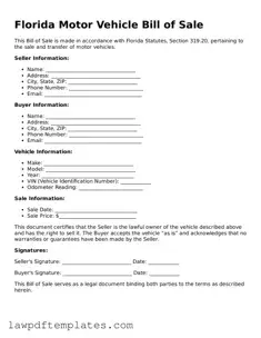 Free Motor Vehicle Bill of Sale Template for the State of Florida