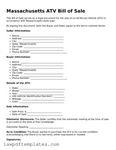 Free ATV Bill of Sale Template for the State of Massachusetts