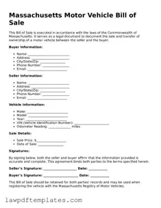Free Motor Vehicle Bill of Sale Template for the State of Massachusetts