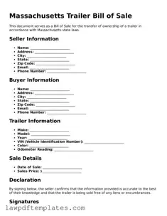Free Trailer Bill of Sale Template for the State of Massachusetts