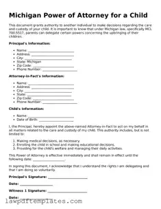 Free Power of Attorney for a Child Template for the State of Michigan