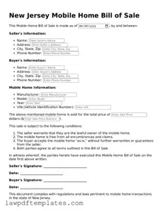 Free Mobile Home Bill of Sale Template for the State of New Jersey