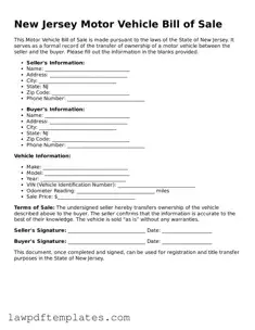 Free Motor Vehicle Bill of Sale Template for the State of New Jersey