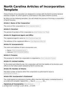 Free Articles of Incorporation Template for the State of North Carolina