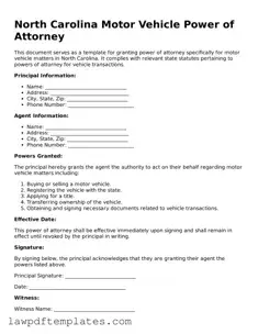 Free Motor Vehicle Power of Attorney Template for the State of North Carolina